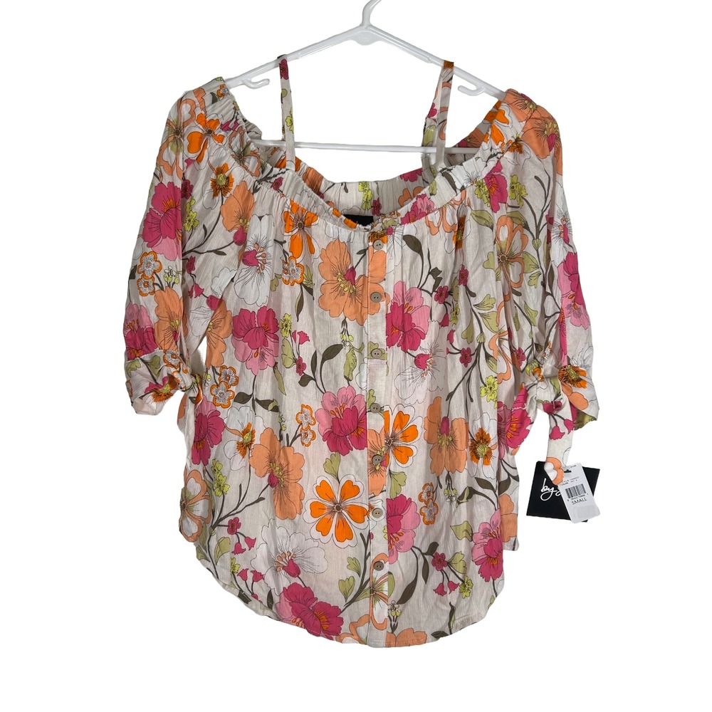 NWT By & By Floral Cold Shoulder Button Front Top Pink Orange Small